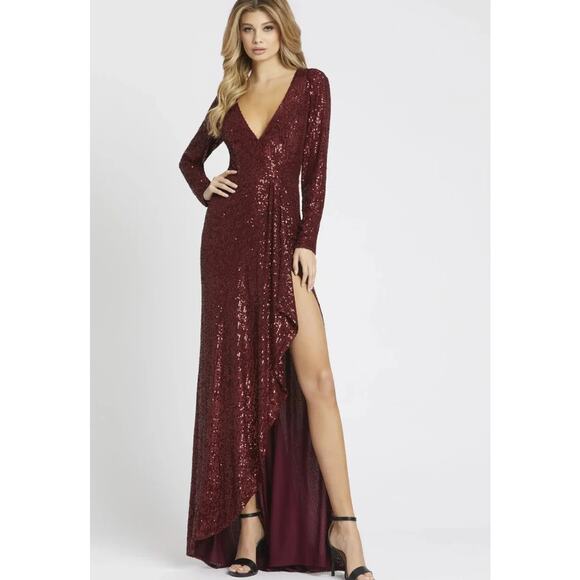 Ieena for Mac Duggal  Red Faux Wrap Long Sleeve Sequin Gown Maxi Dress Womens 12 - Picture 1 of 11
